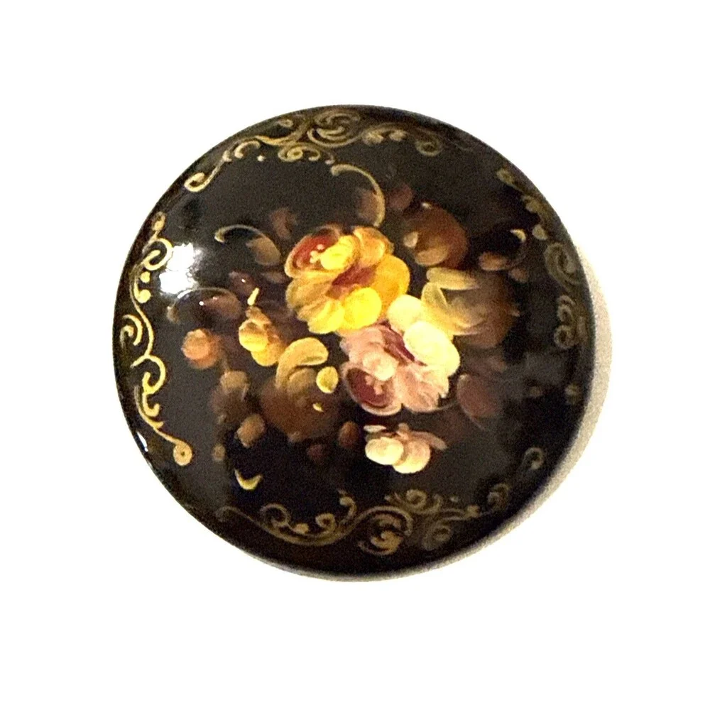 Vintage Russian Black Lacquer Floral Brooch Papier-mache Hand Painted Pin Signed